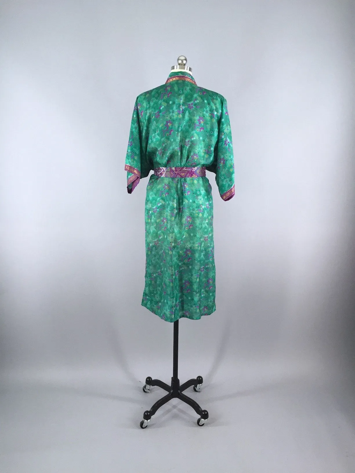 Silk Sari Robe / Emerald Green & Purple Print