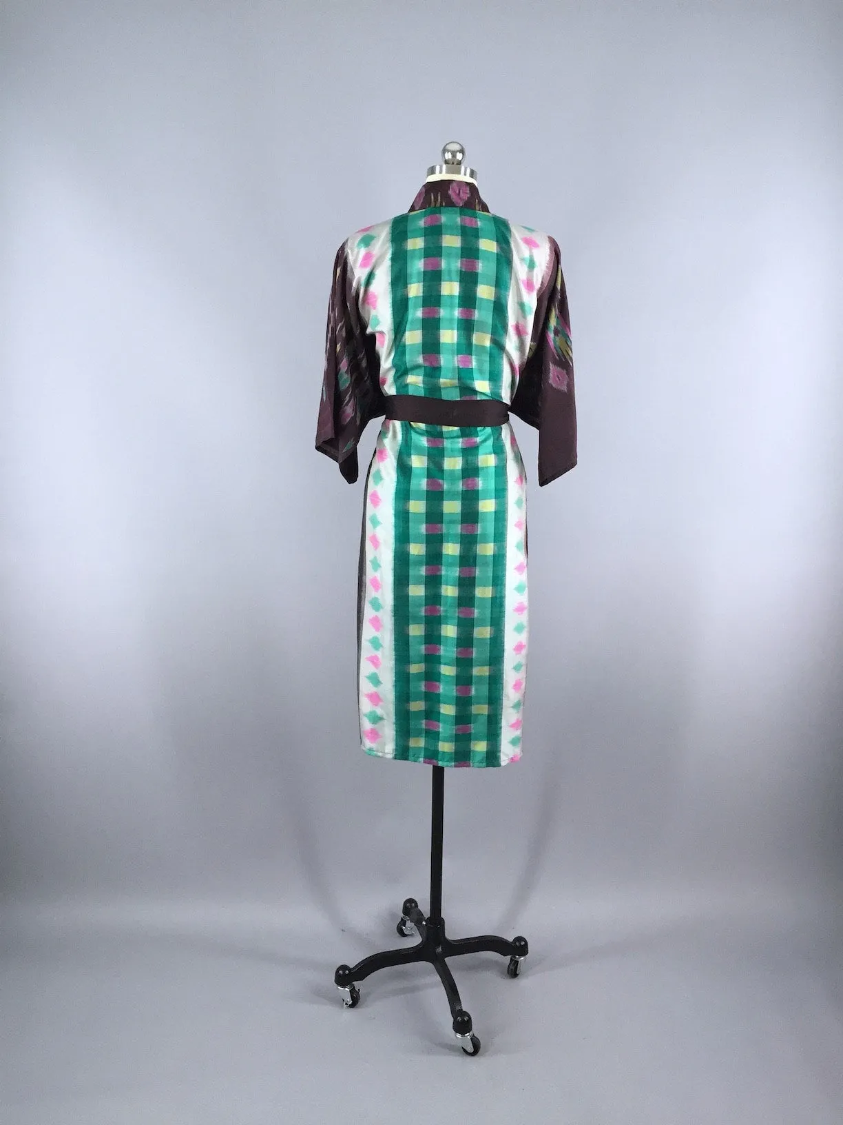 Silk Sari Robe / Green & Brown Ikat