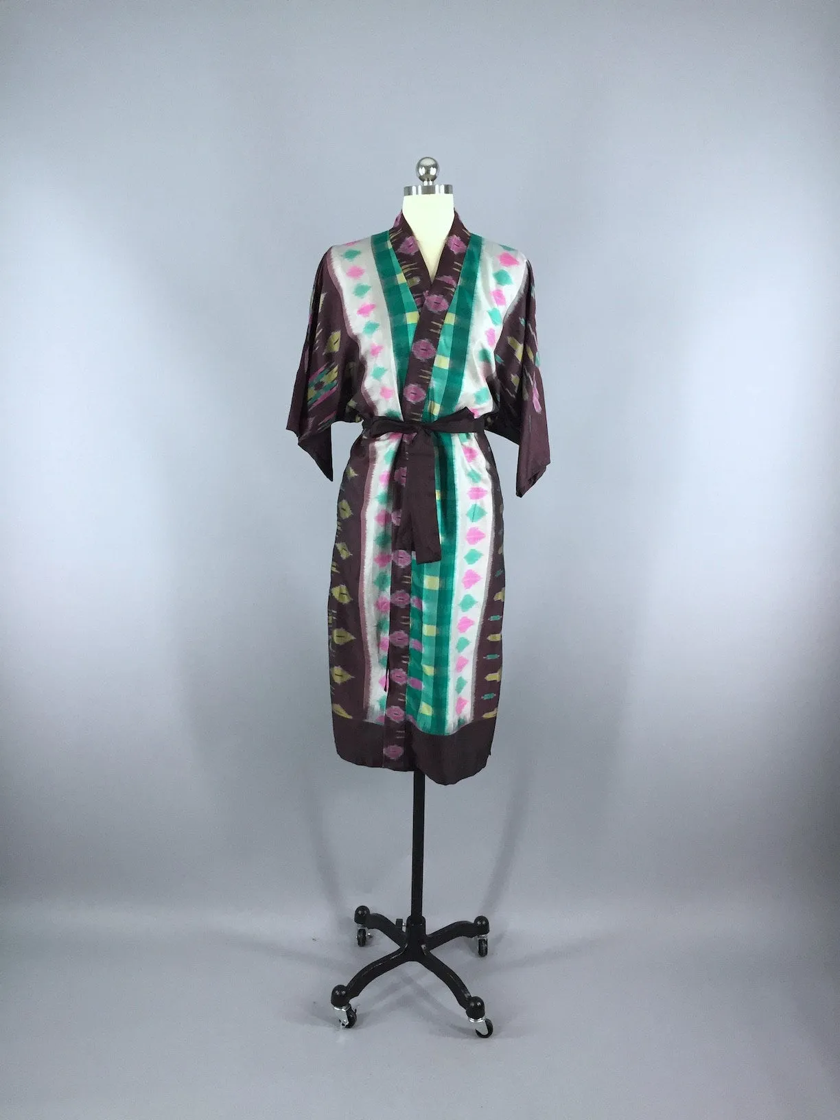Silk Sari Robe / Green & Brown Ikat