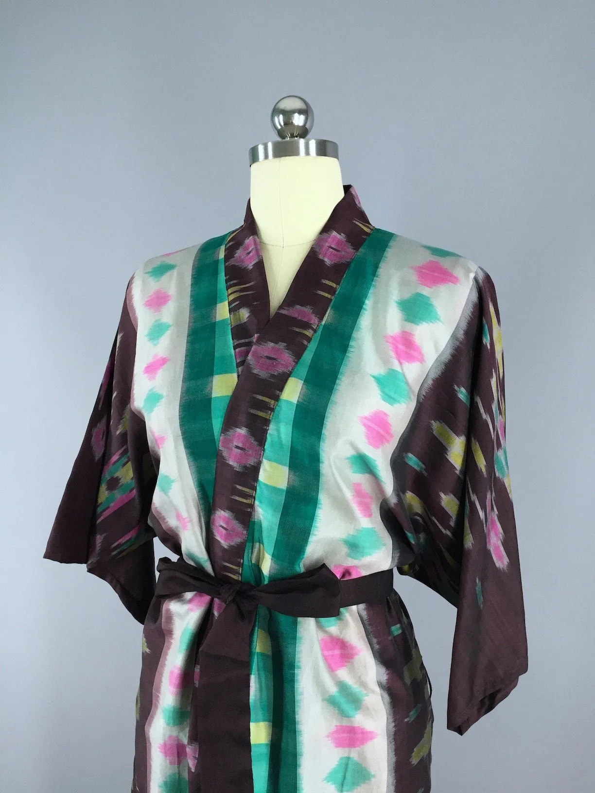Silk Sari Robe / Green & Brown Ikat