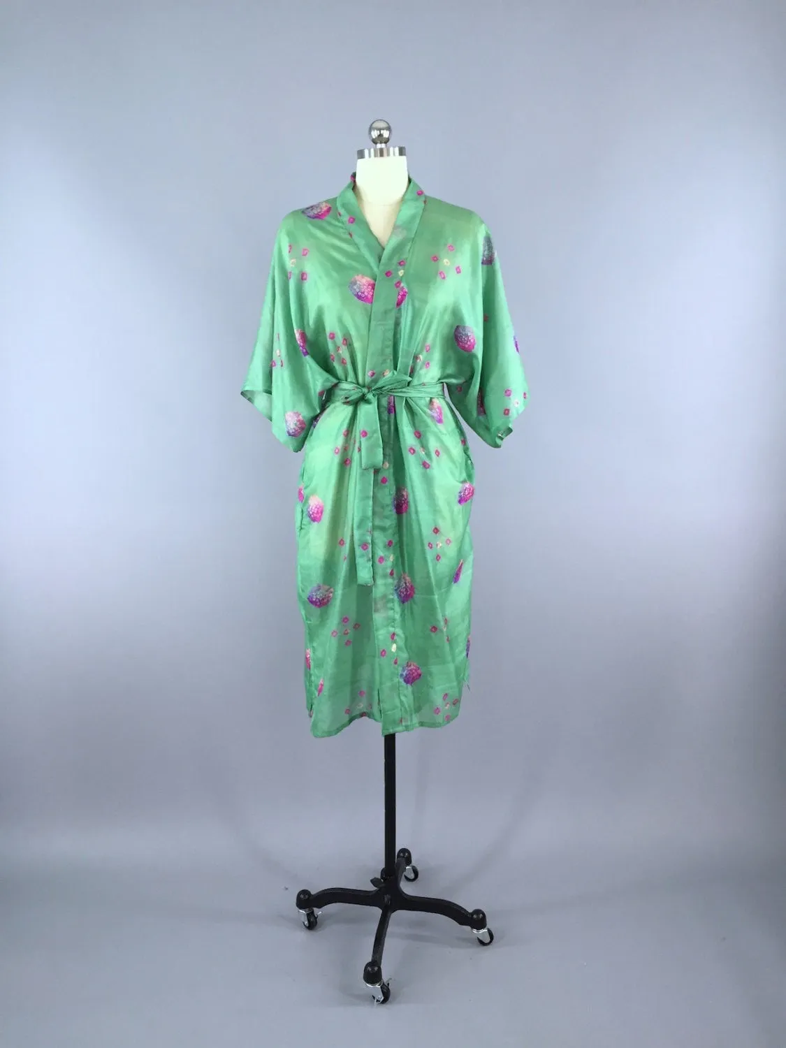 Silk Sari Robe / Green & Pink Shibori Print