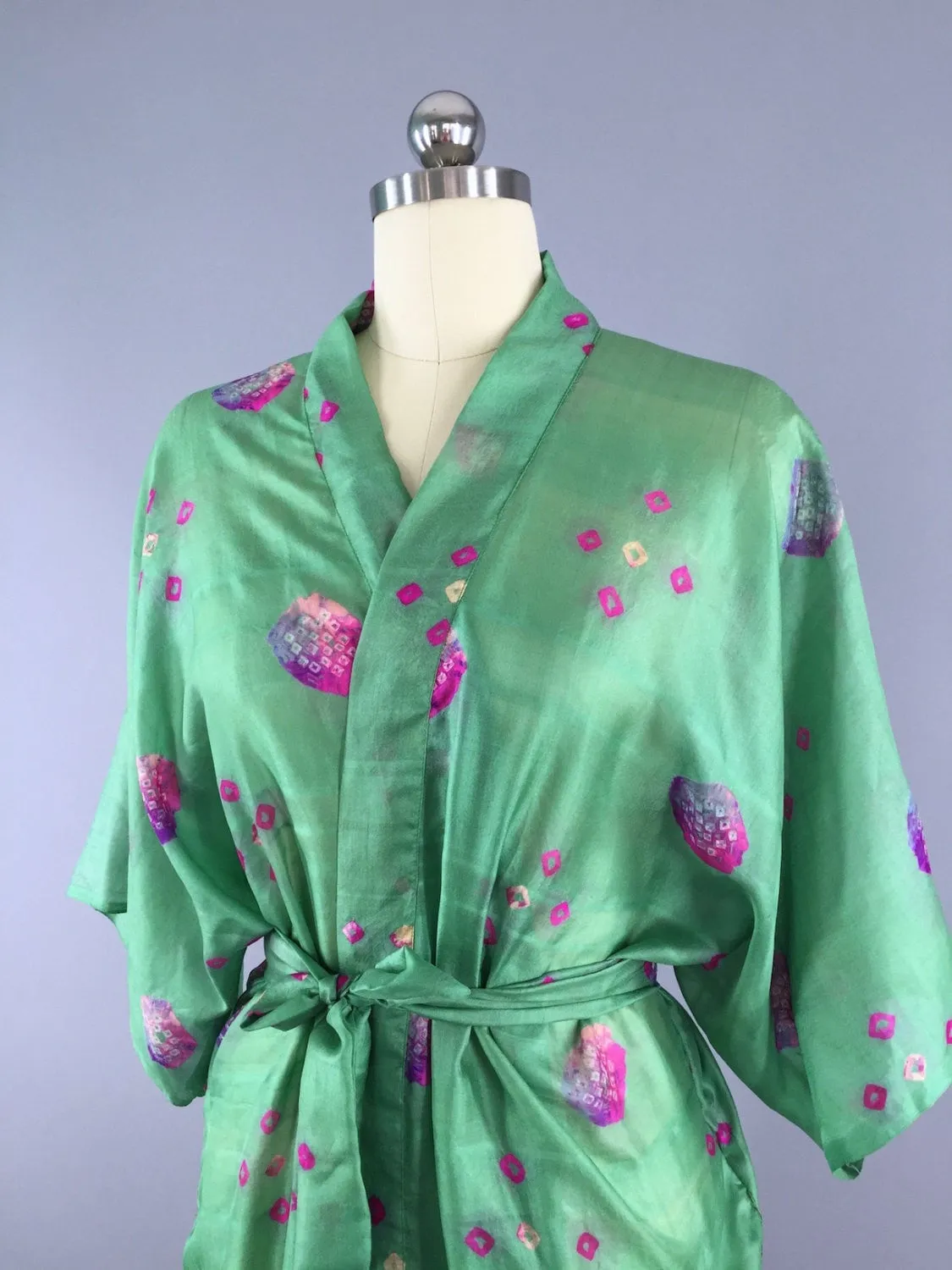 Silk Sari Robe / Green & Pink Shibori Print