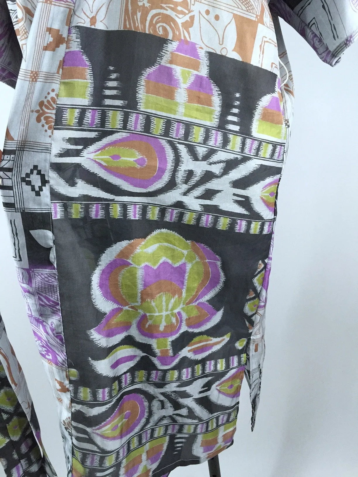 Silk Sari Robe / Grey & Black Floral Print