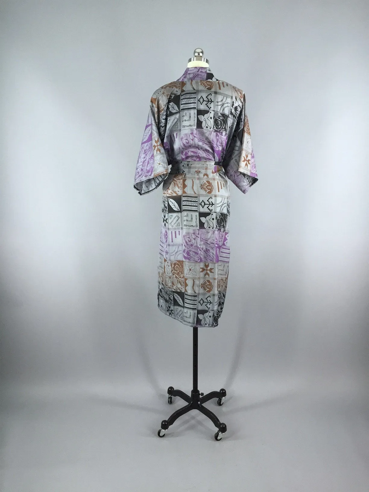 Silk Sari Robe / Grey & Black Floral Print