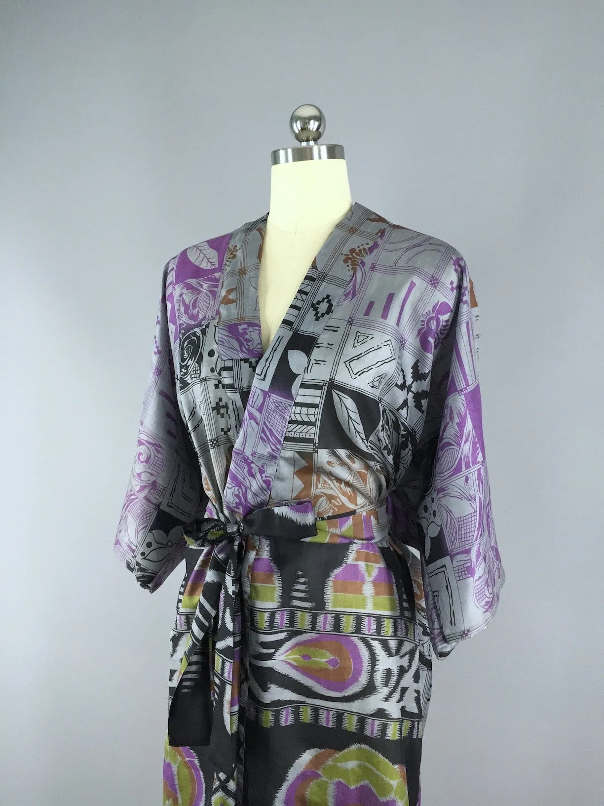 Silk Sari Robe / Grey & Black Floral Print