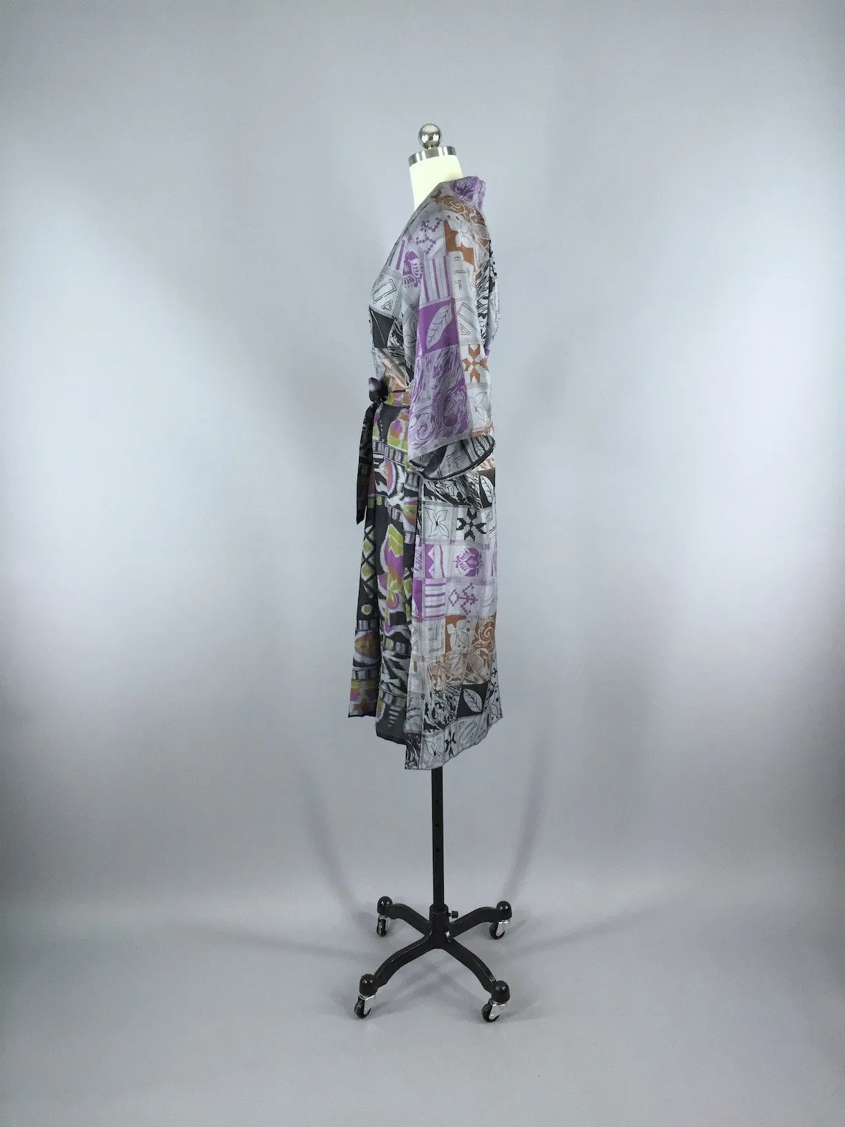 Silk Sari Robe / Grey & Black Floral Print