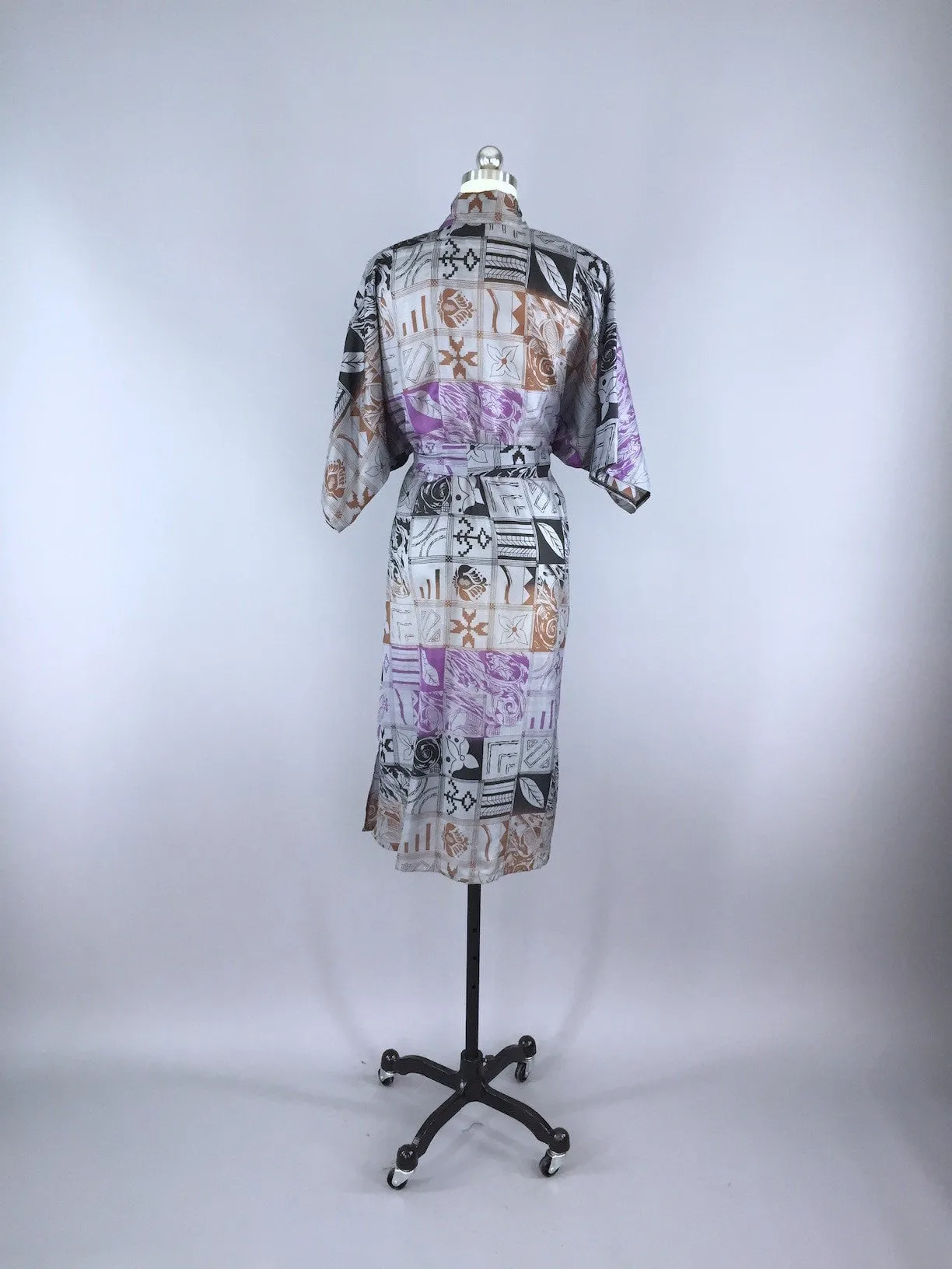 Silk Sari Robe / Grey & Purple Abstract Floral Print