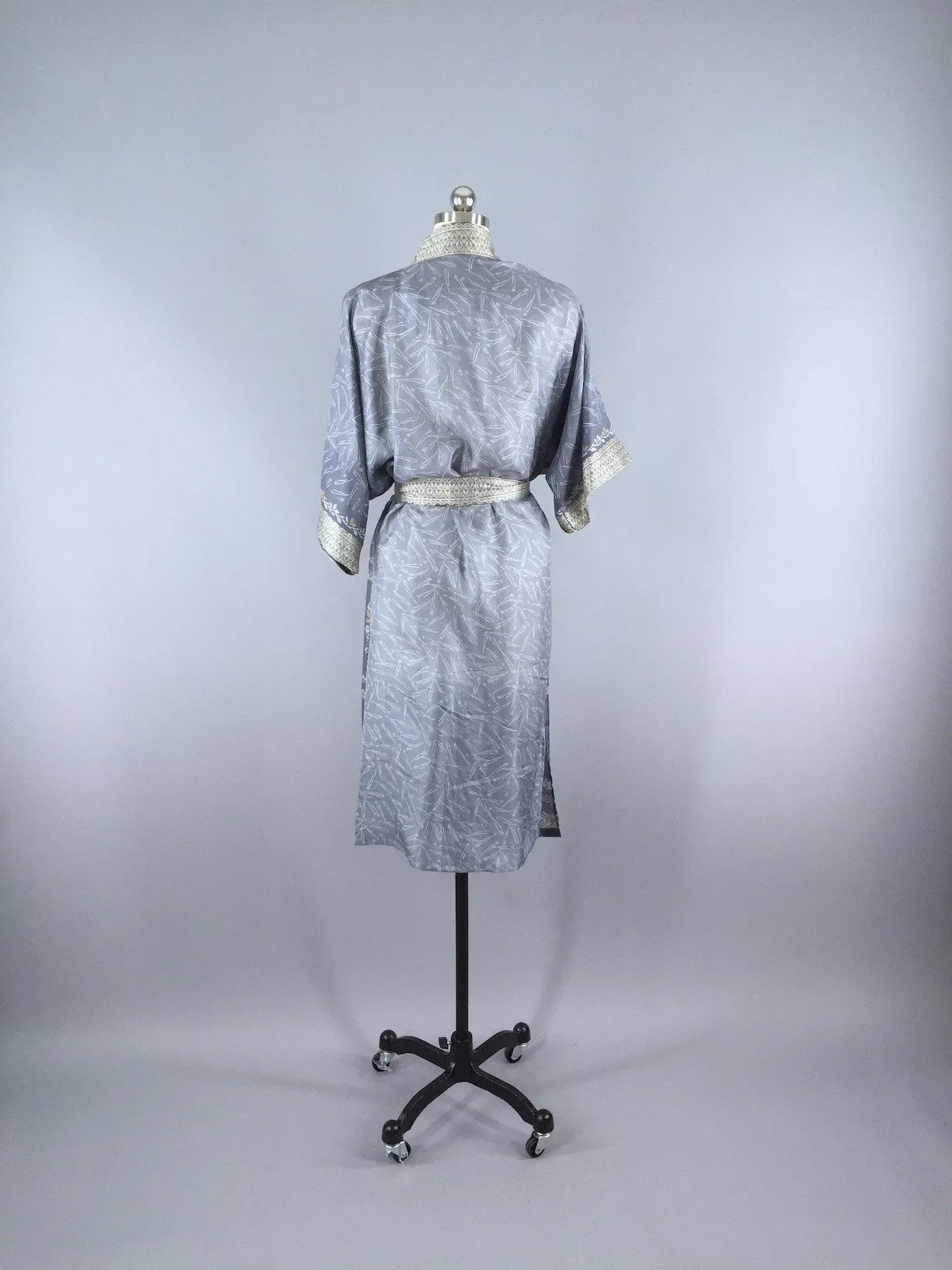 Silk Sari Robe / Grey & Tan Floral Print