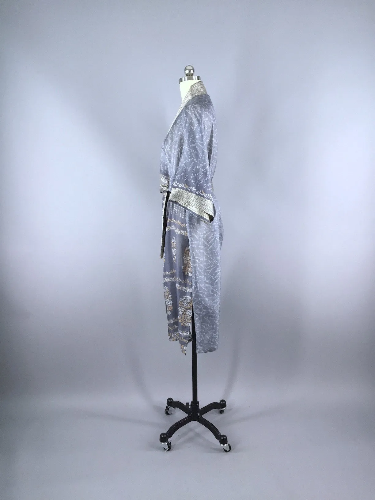 Silk Sari Robe / Grey & Tan Floral Print