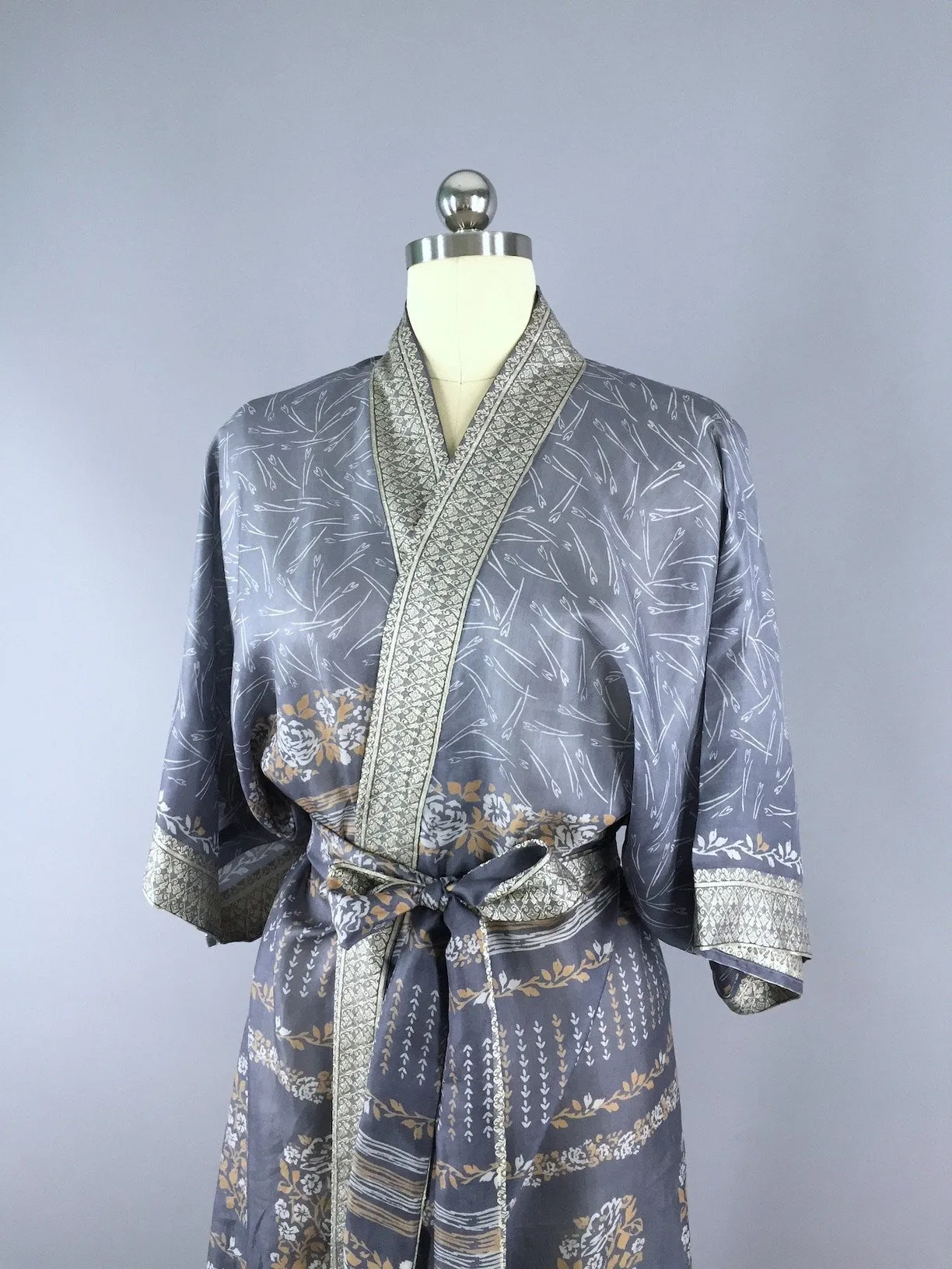 Silk Sari Robe / Grey & Tan Floral Print