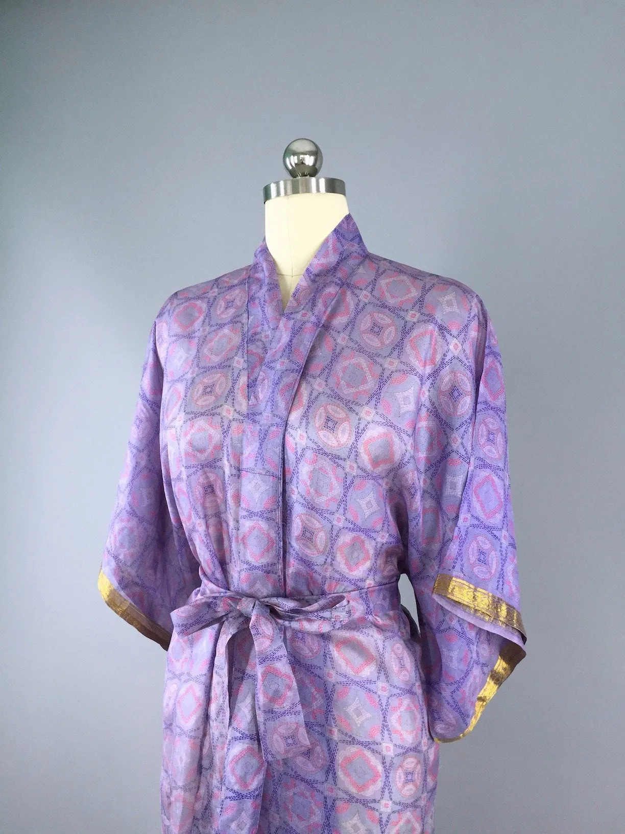 Silk Sari Robe / Lavender Abstract