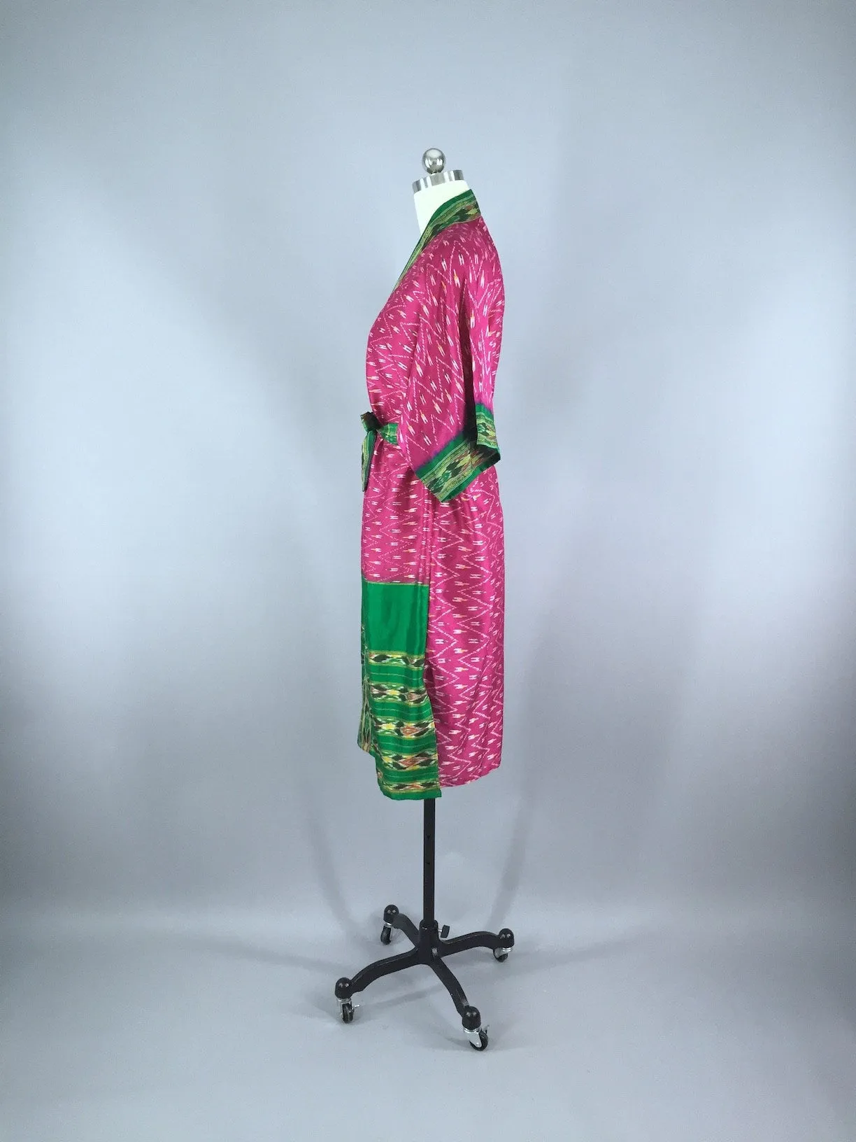 Silk Sari Robe / Magenta Pink & Green Ikat