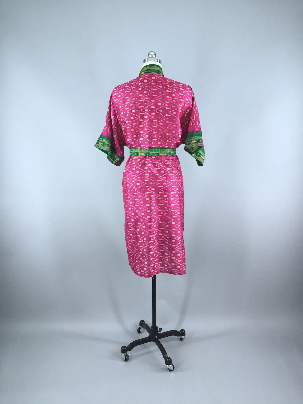 Silk Sari Robe / Magenta Pink & Green Ikat