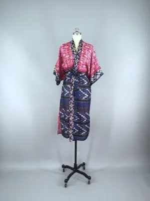 Silk Sari Robe / Navy Blue & Pink Floral