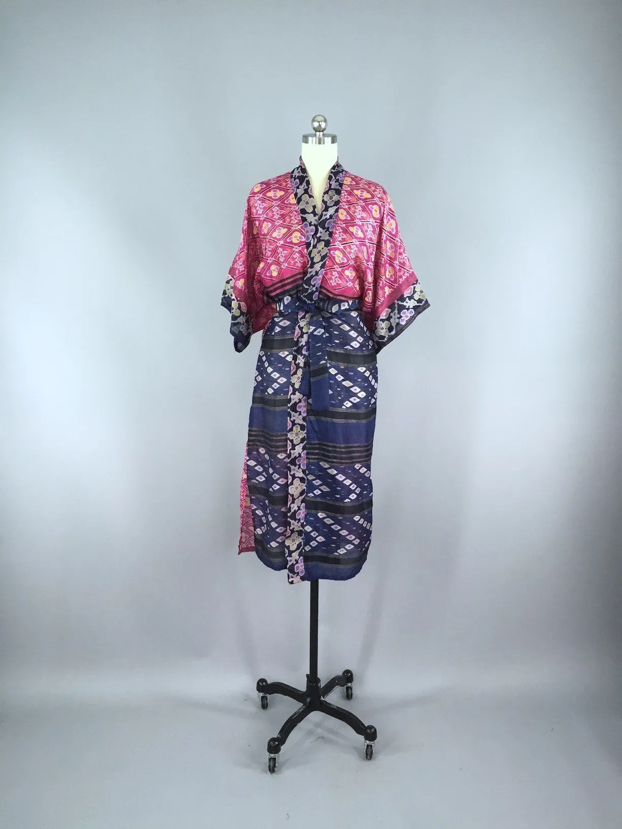 Silk Sari Robe / Navy Blue & Pink Floral