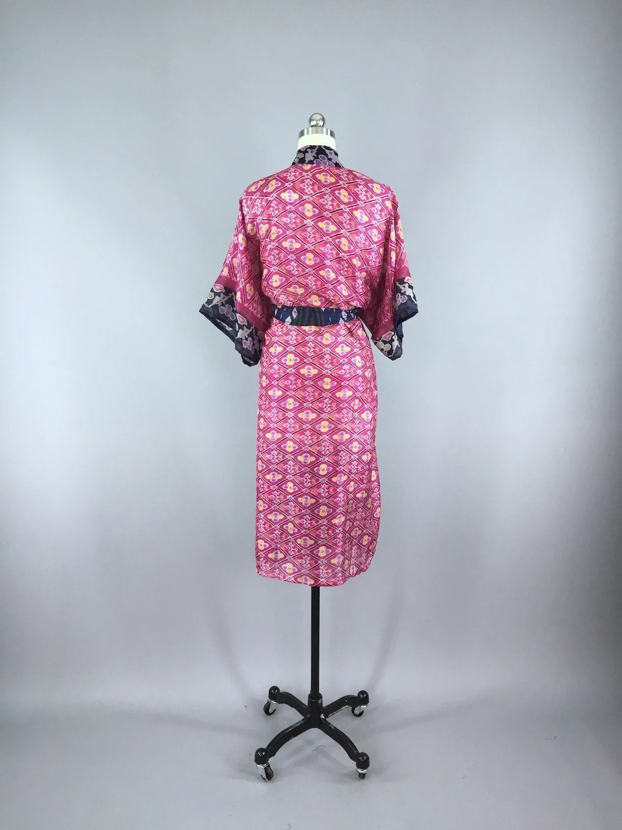 Silk Sari Robe / Navy Blue & Pink Floral