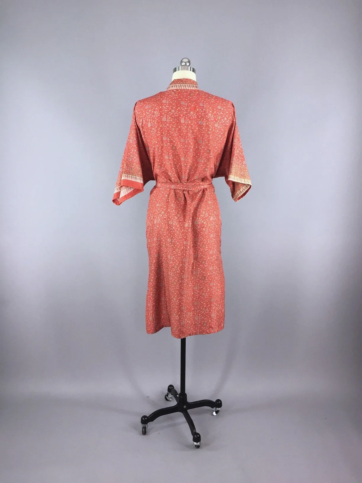 Silk Sari Robe / Orange Paisley Floral Print