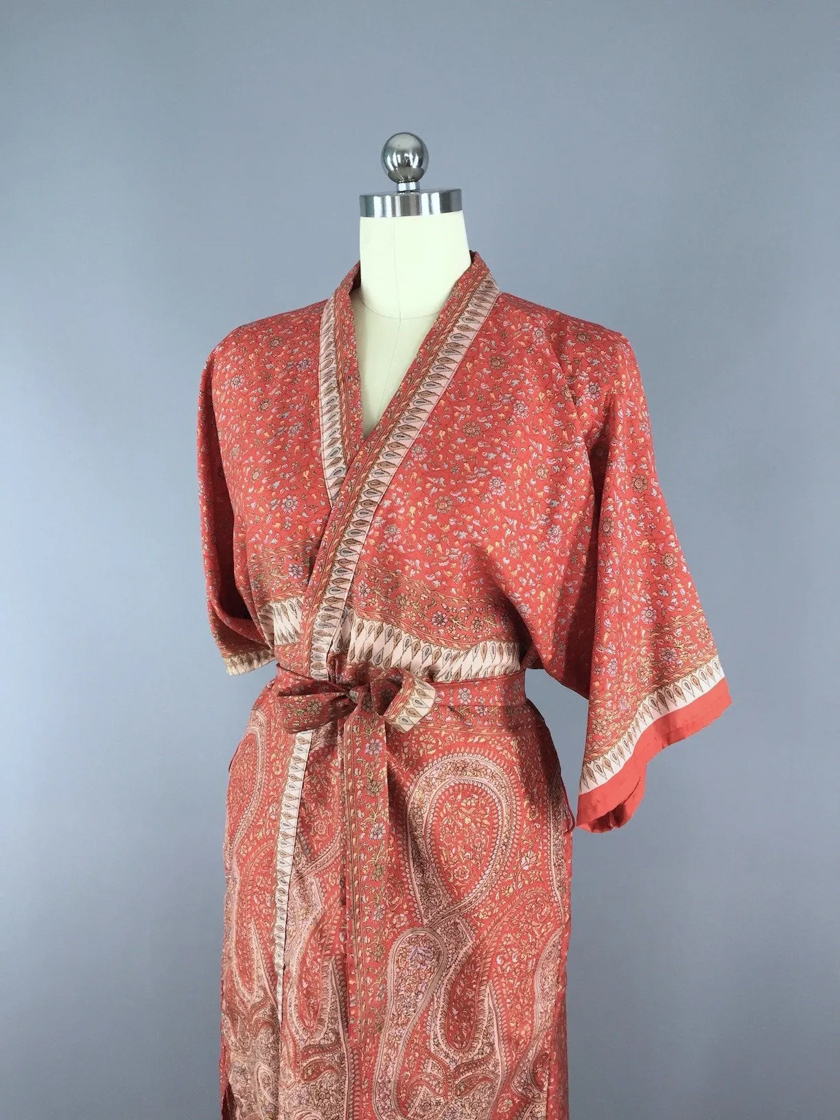 Silk Sari Robe / Orange Paisley Floral Print