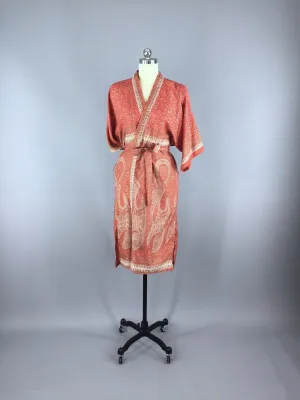 Silk Sari Robe / Orange Paisley Floral Print