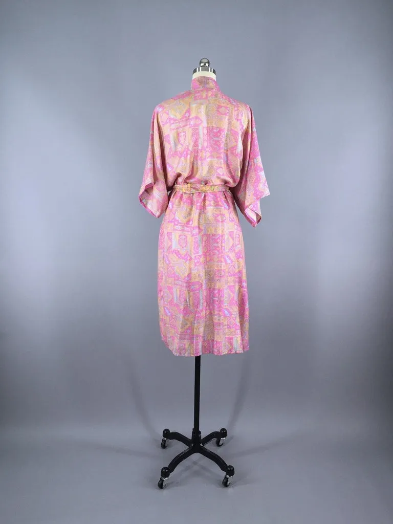 Silk Sari Robe / Pink Abstract Print