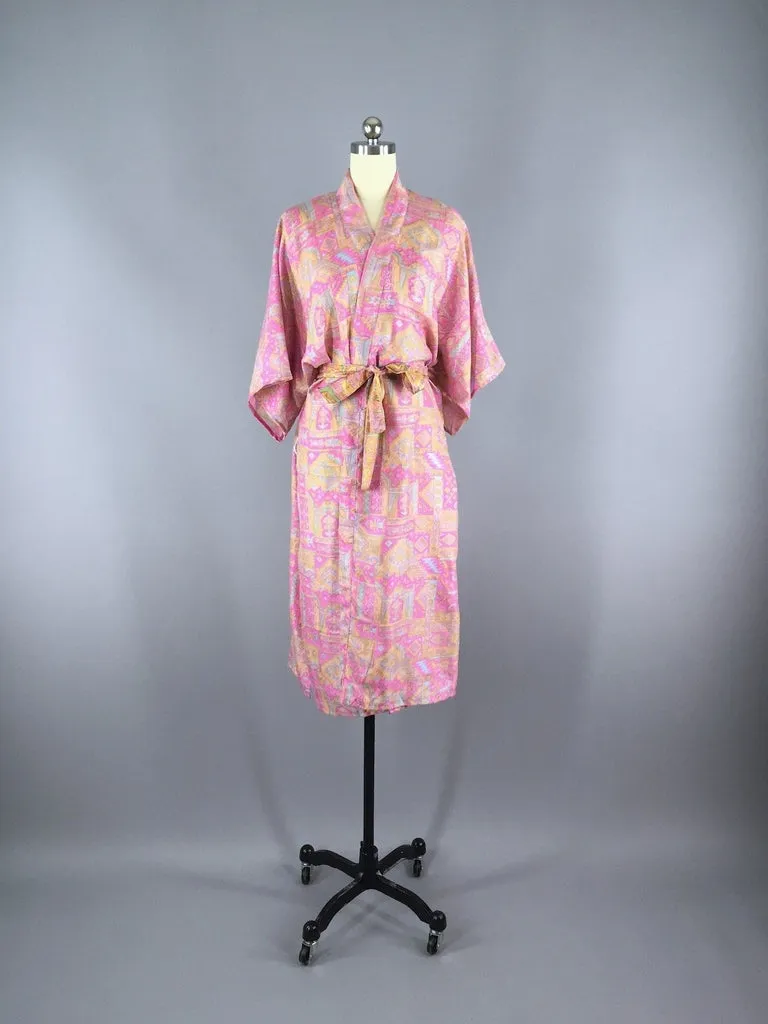 Silk Sari Robe / Pink Abstract Print