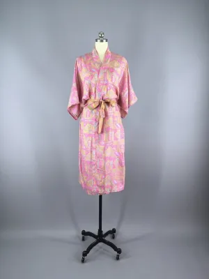Silk Sari Robe / Pink Abstract Print
