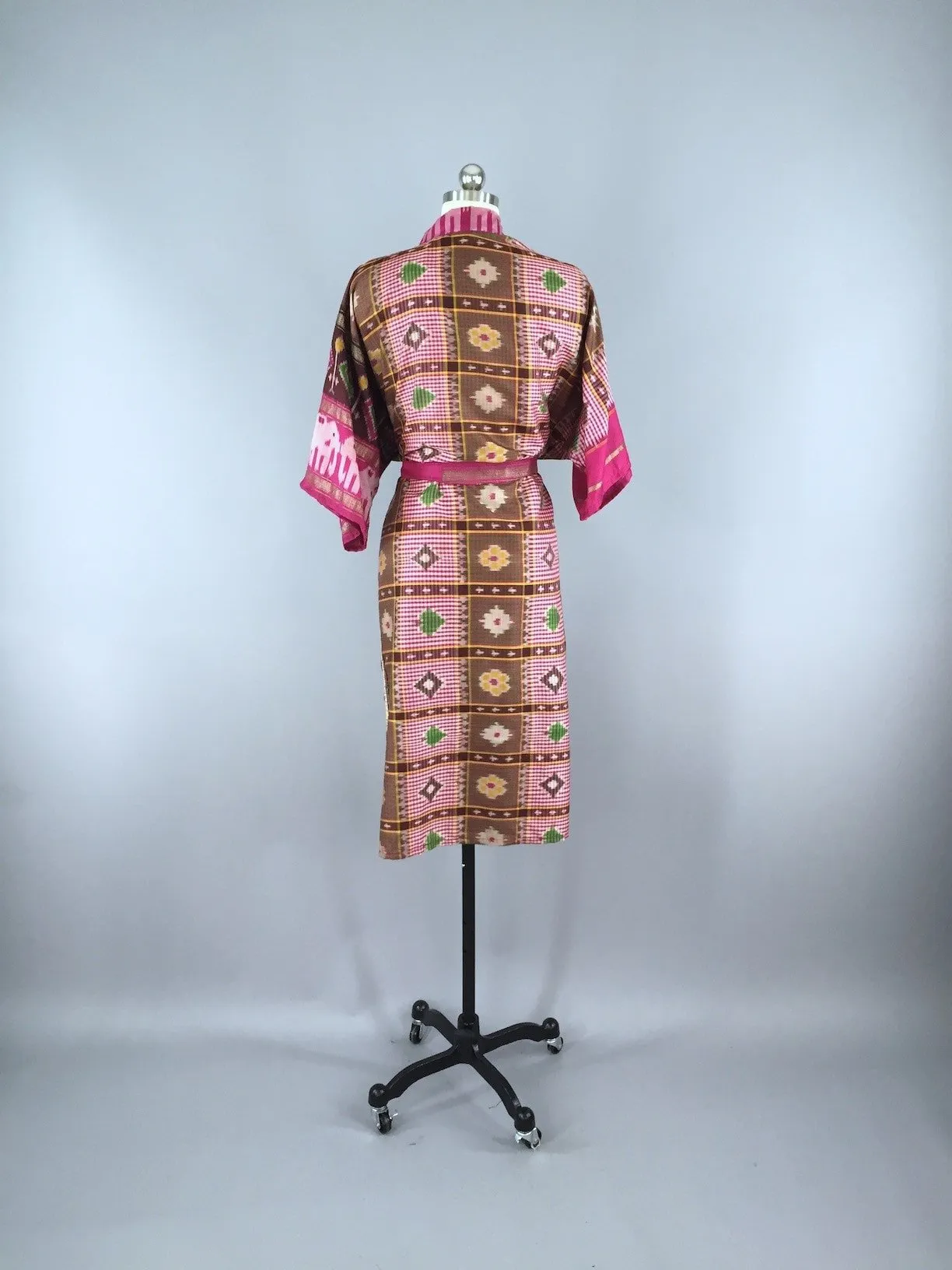 Silk Sari Robe / Pink & Brown Ikat
