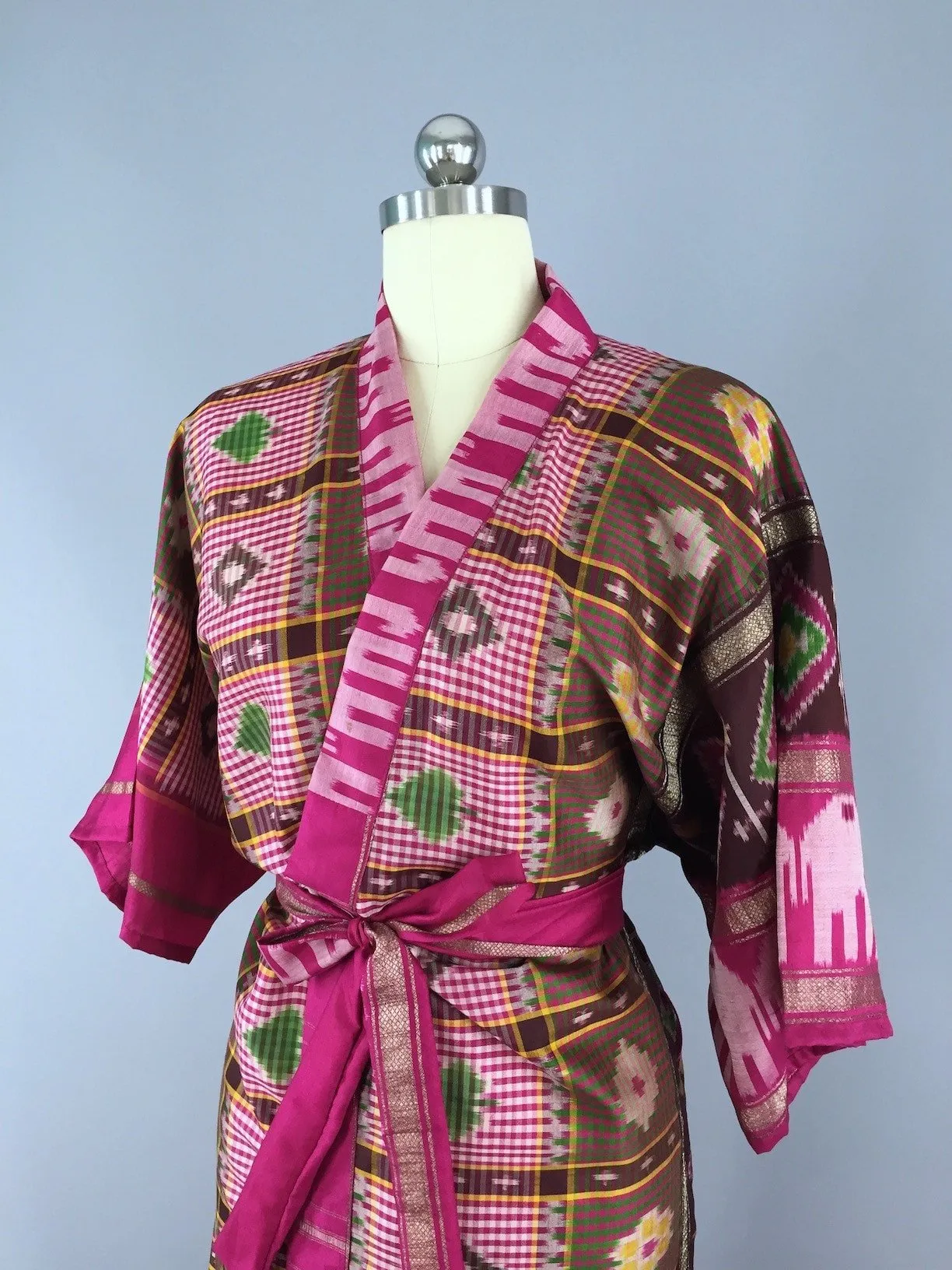 Silk Sari Robe / Pink & Brown Ikat