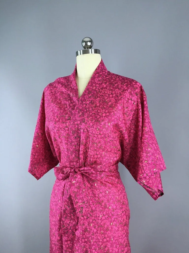 Silk Sari Robe / Pink Floral Print