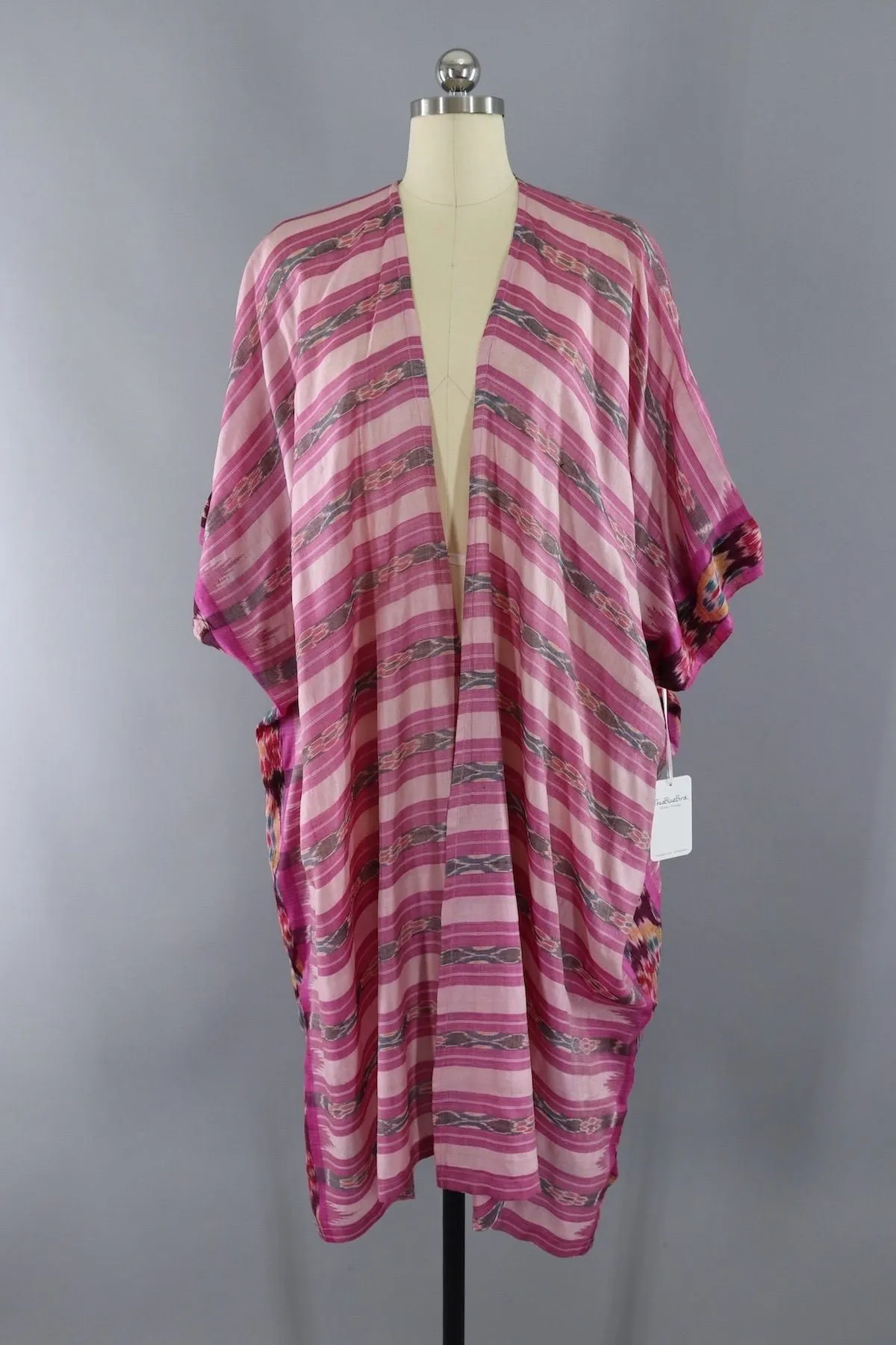 Silk Sari Robe / Pink Ikat Stripes