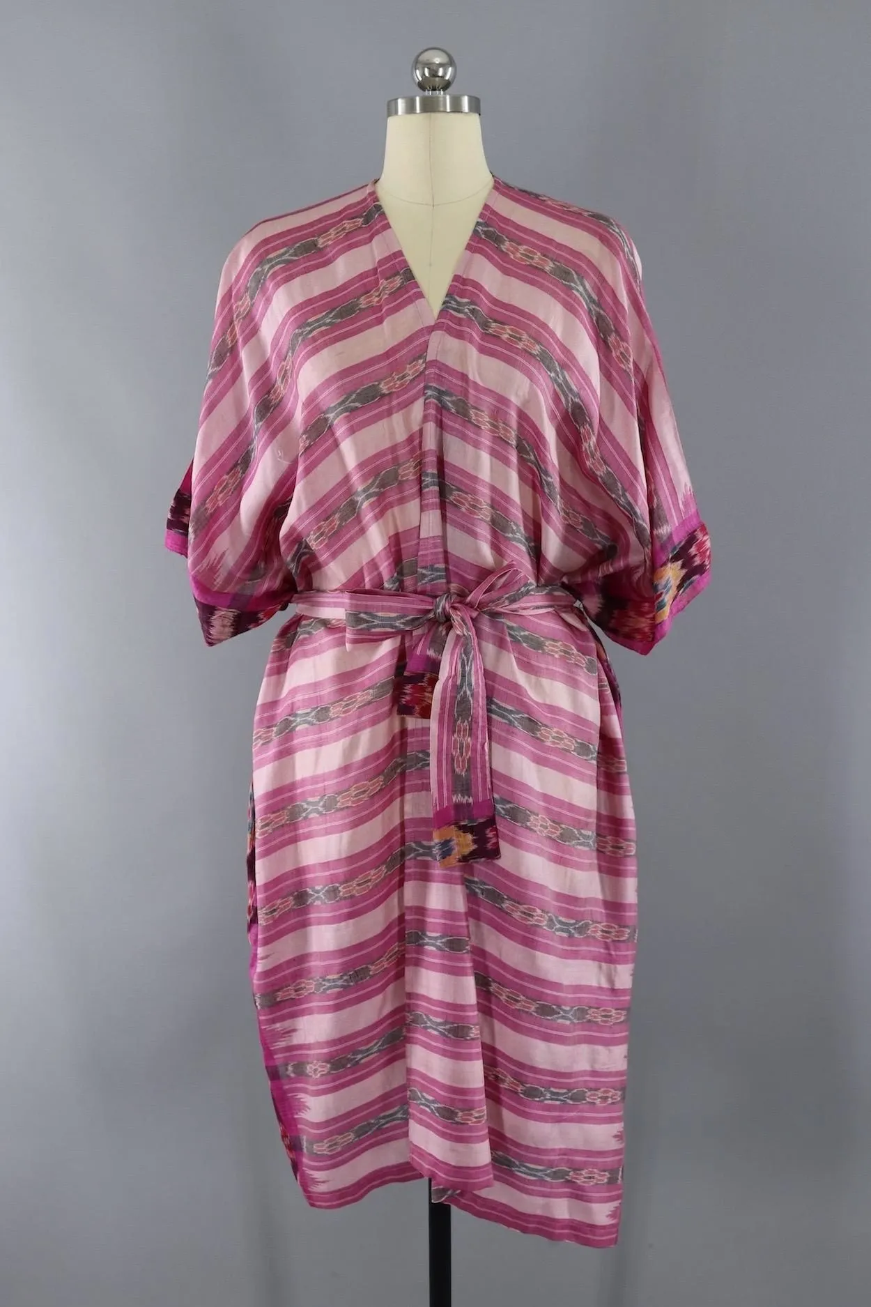Silk Sari Robe / Pink Ikat Stripes