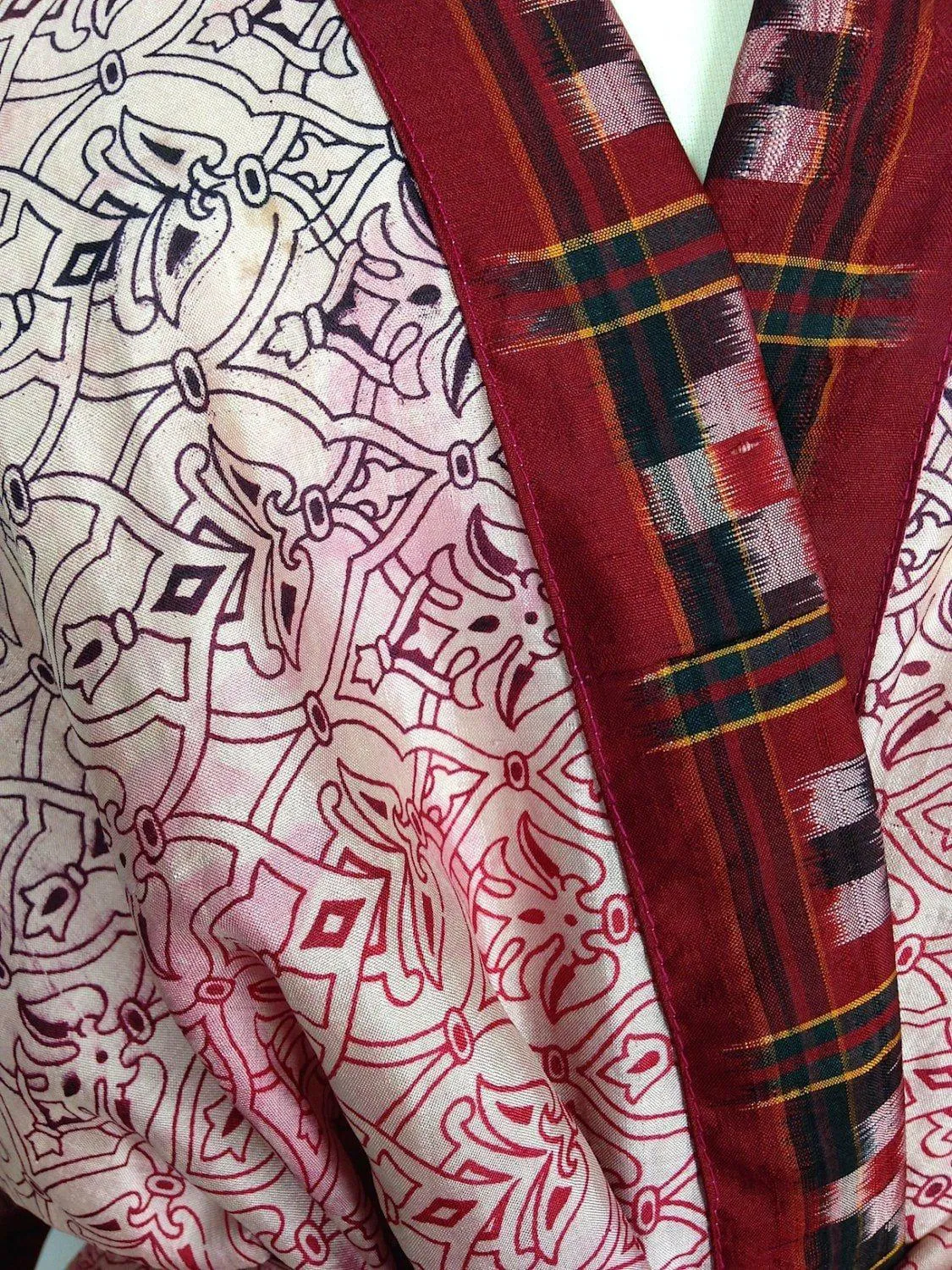 Silk Sari Robe / Red Block Print