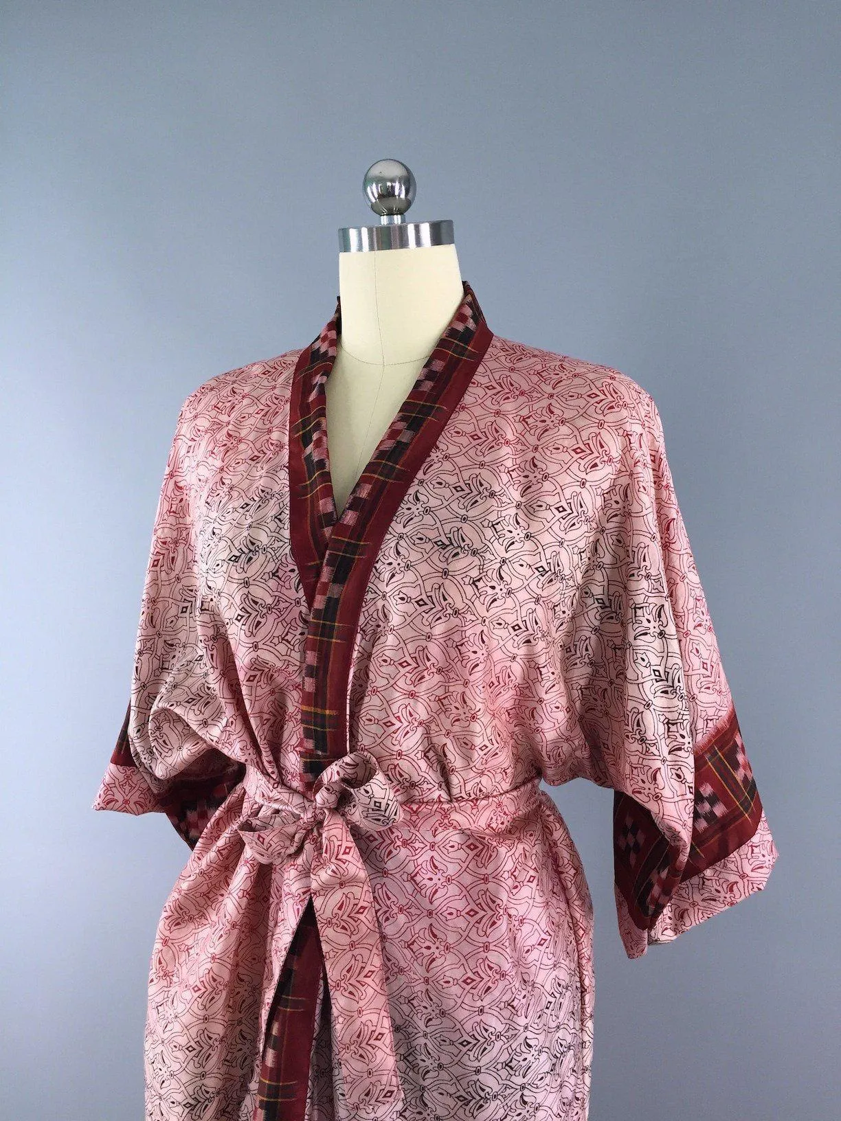 Silk Sari Robe / Red Block Print