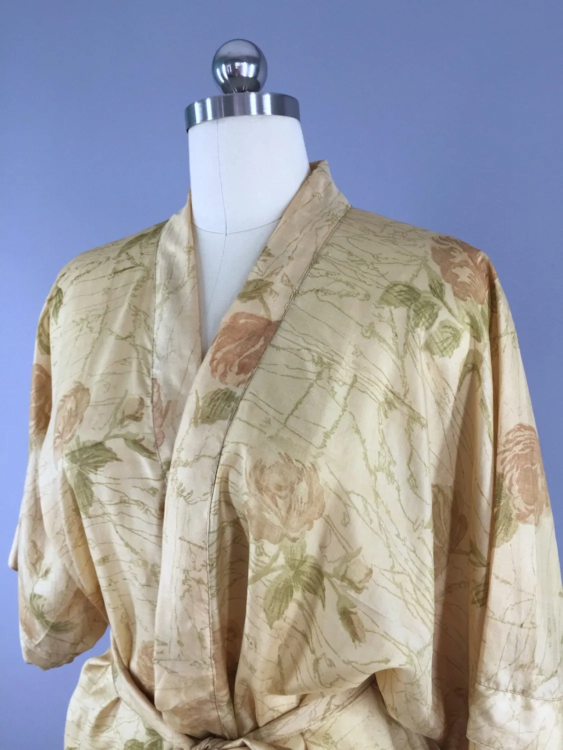 Silk Sari Robe / Tan Floral Print