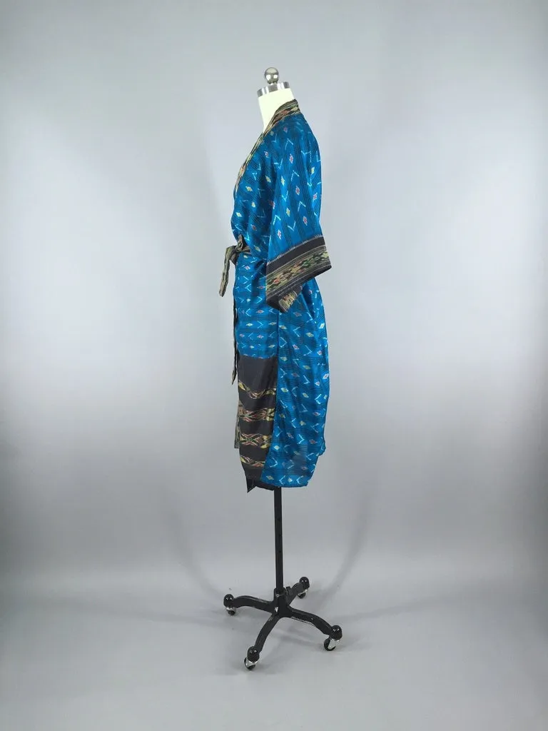 Silk Sari Robe / Turquoise Ikat
