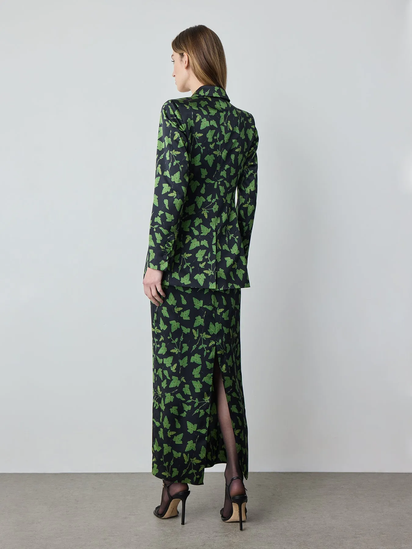 Single Breasted Silk Blazer in Black Leaf Print
