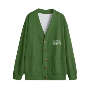 Sixty Eight 93 Logo White Forest Green Unisex V-Neck Knitted Fleece Cardigan