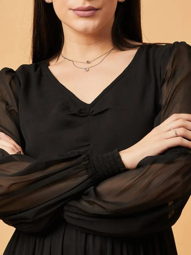 Solid Black Embroidery Full-Length Maxi Dress