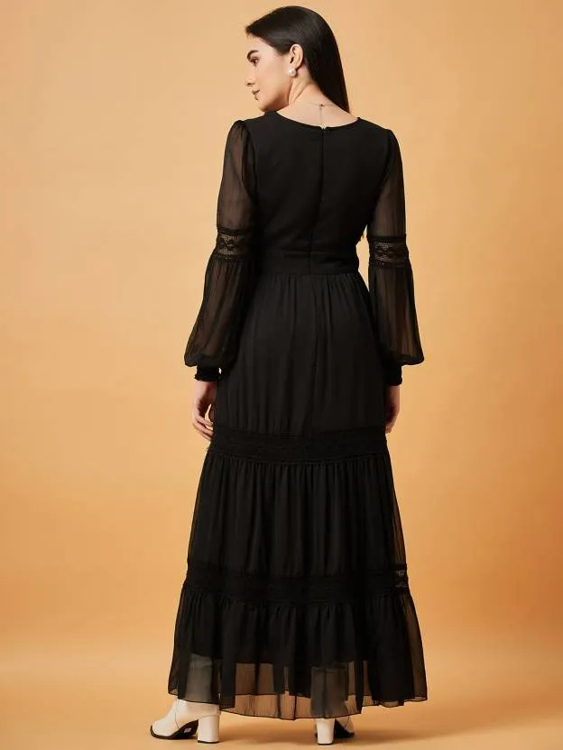 Solid Black Embroidery Full-Length Maxi Dress