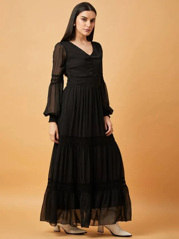 Solid Black Embroidery Full-Length Maxi Dress