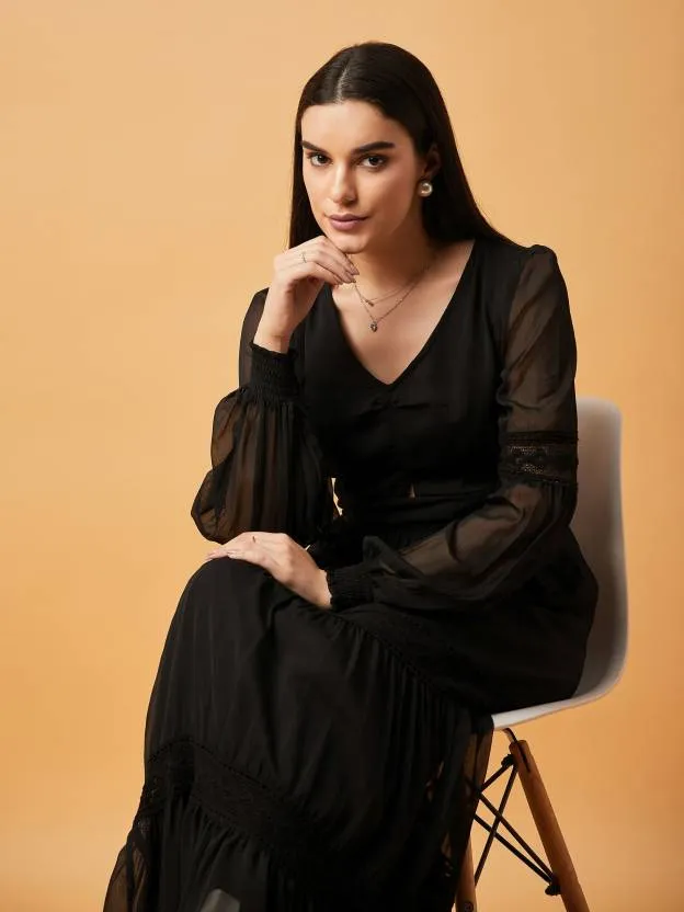 Solid Black Embroidery Full-Length Maxi Dress