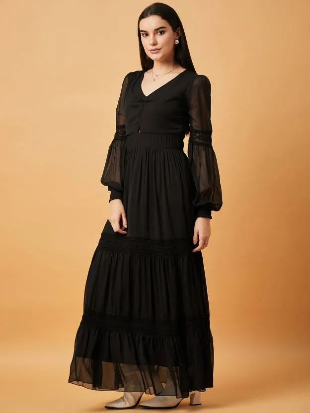 Solid Black Embroidery Full-Length Maxi Dress