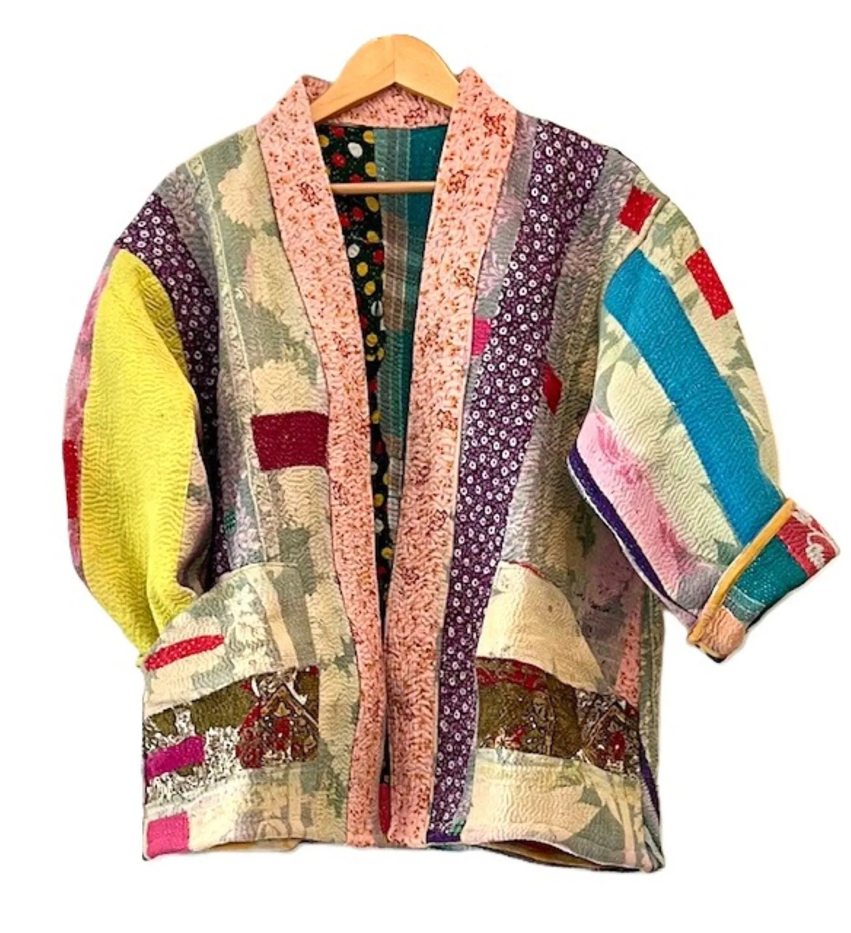 Specialty Collection: Short Designer Patchwork Hand Embroidered Jacket. Fully Reversible, Pastel