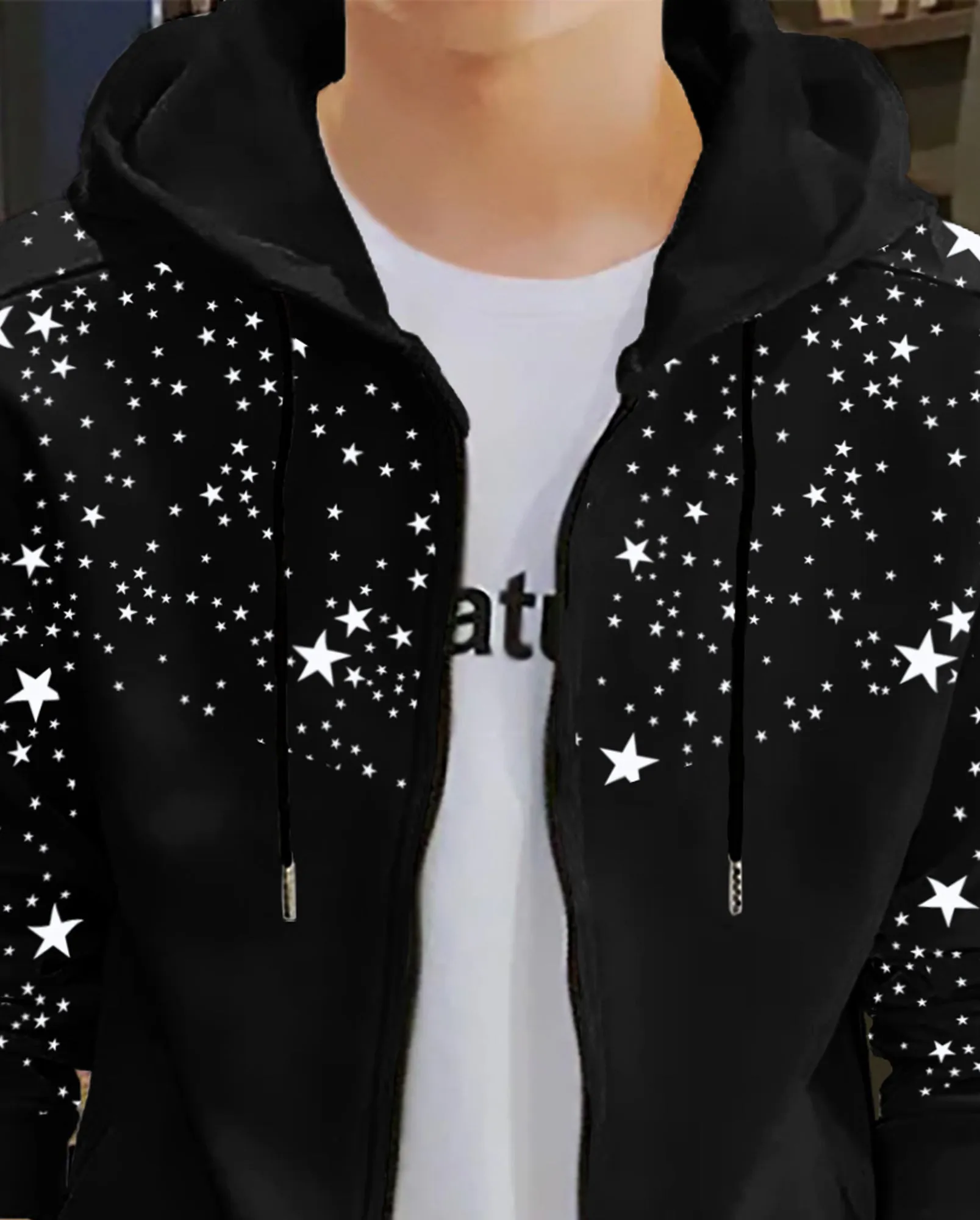 Star Printed Hooded Black Jacket