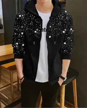 Star Printed Hooded Black Jacket