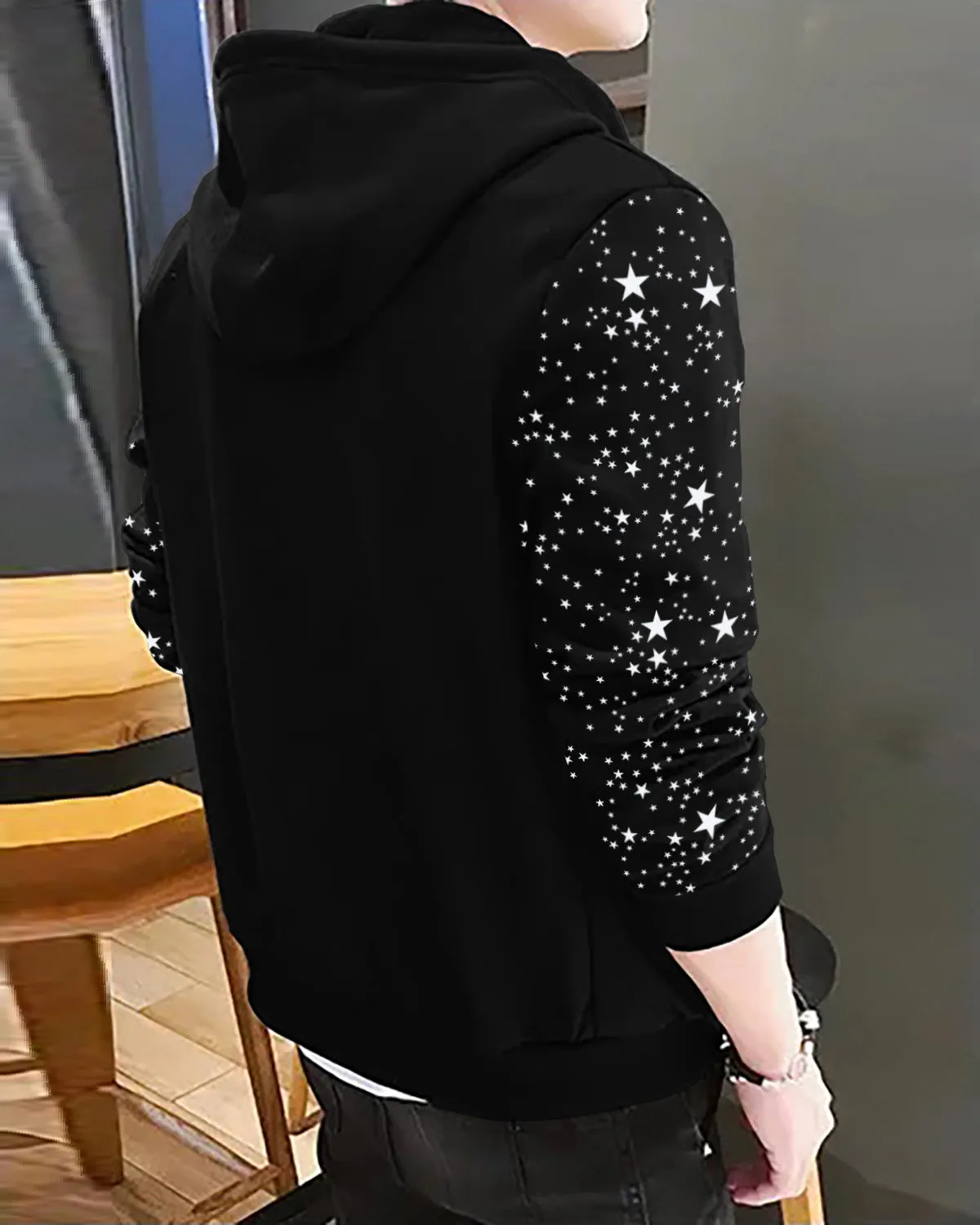 Star Printed Hooded Black Jacket