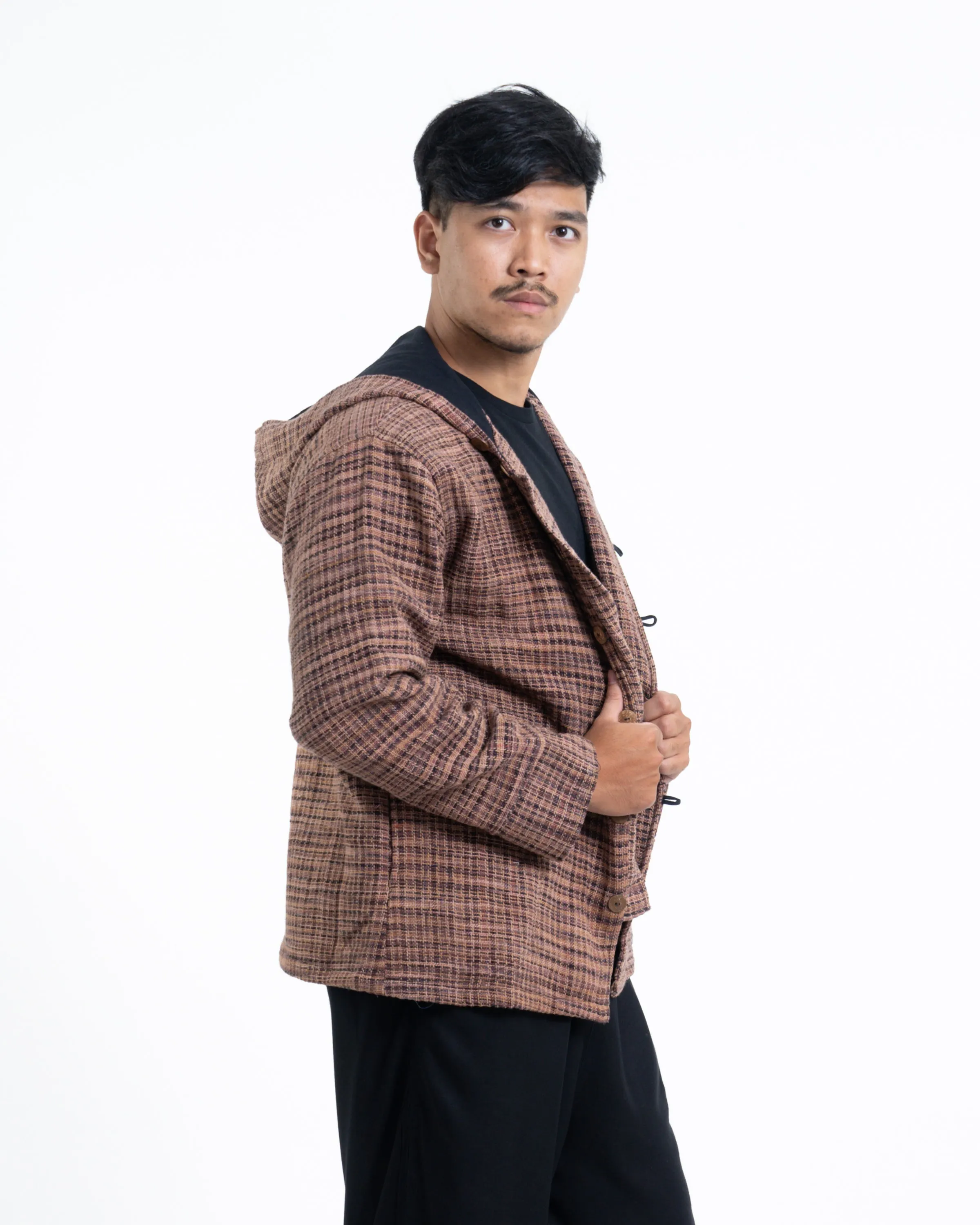 Unisex Light Hooded Button Hand-Woven Cotton Jacket in Brick