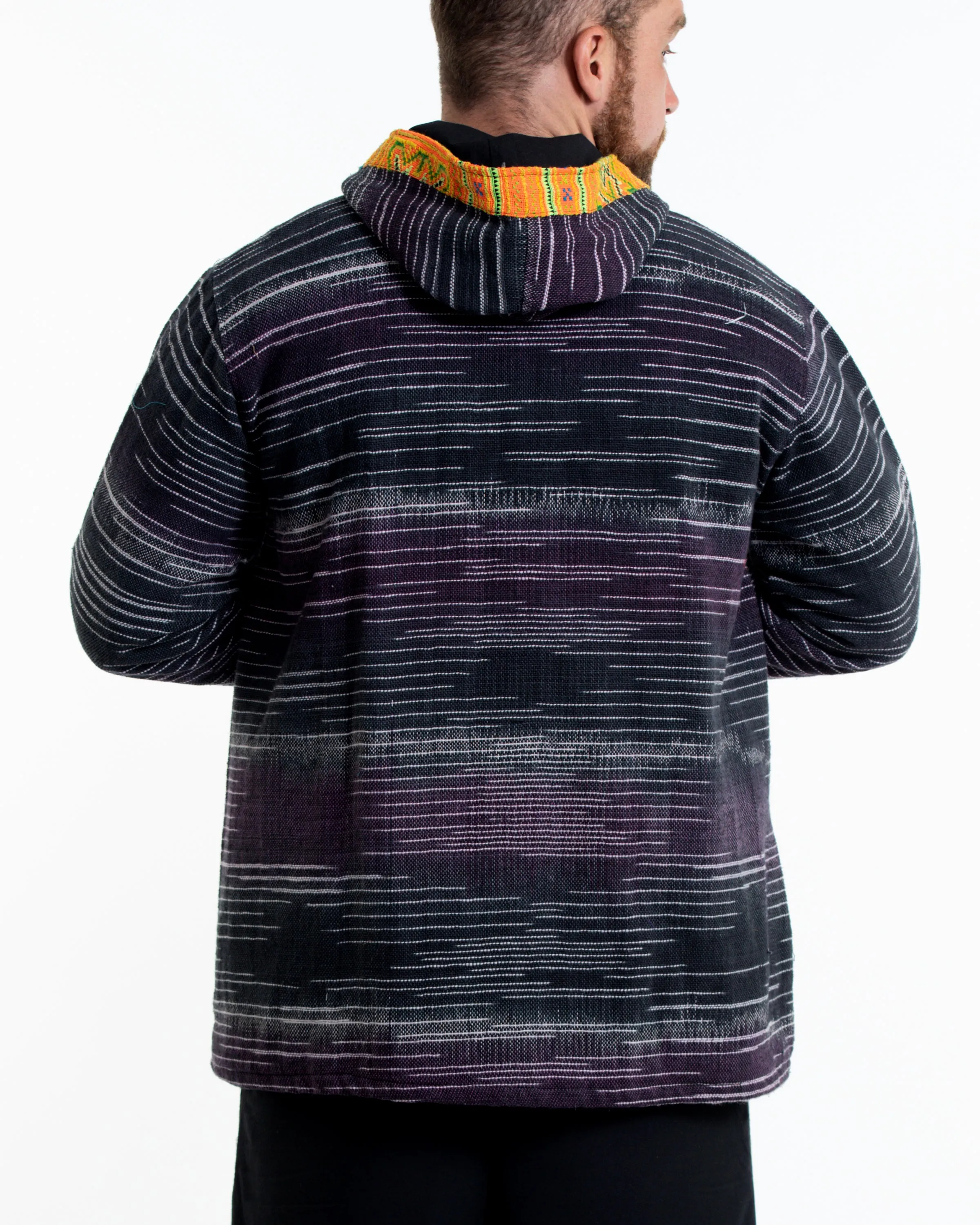 Unisex Oversized Light Hooded Button Hand-Woven Cotton Embroidered Jacket in Black