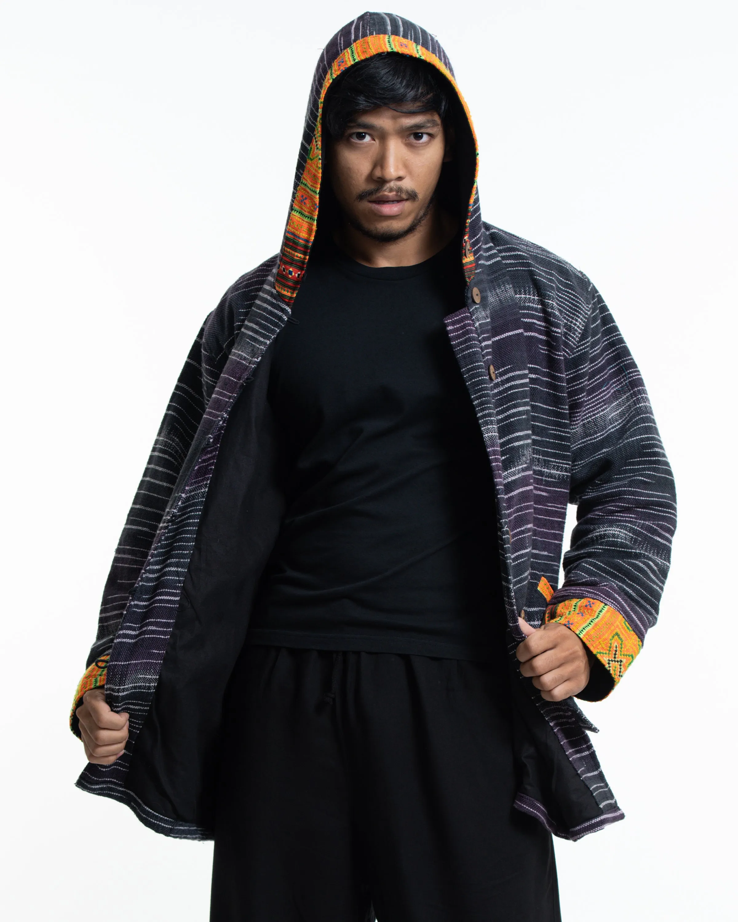 Unisex Oversized Light Hooded Button Hand-Woven Cotton Embroidered Jacket in Black
