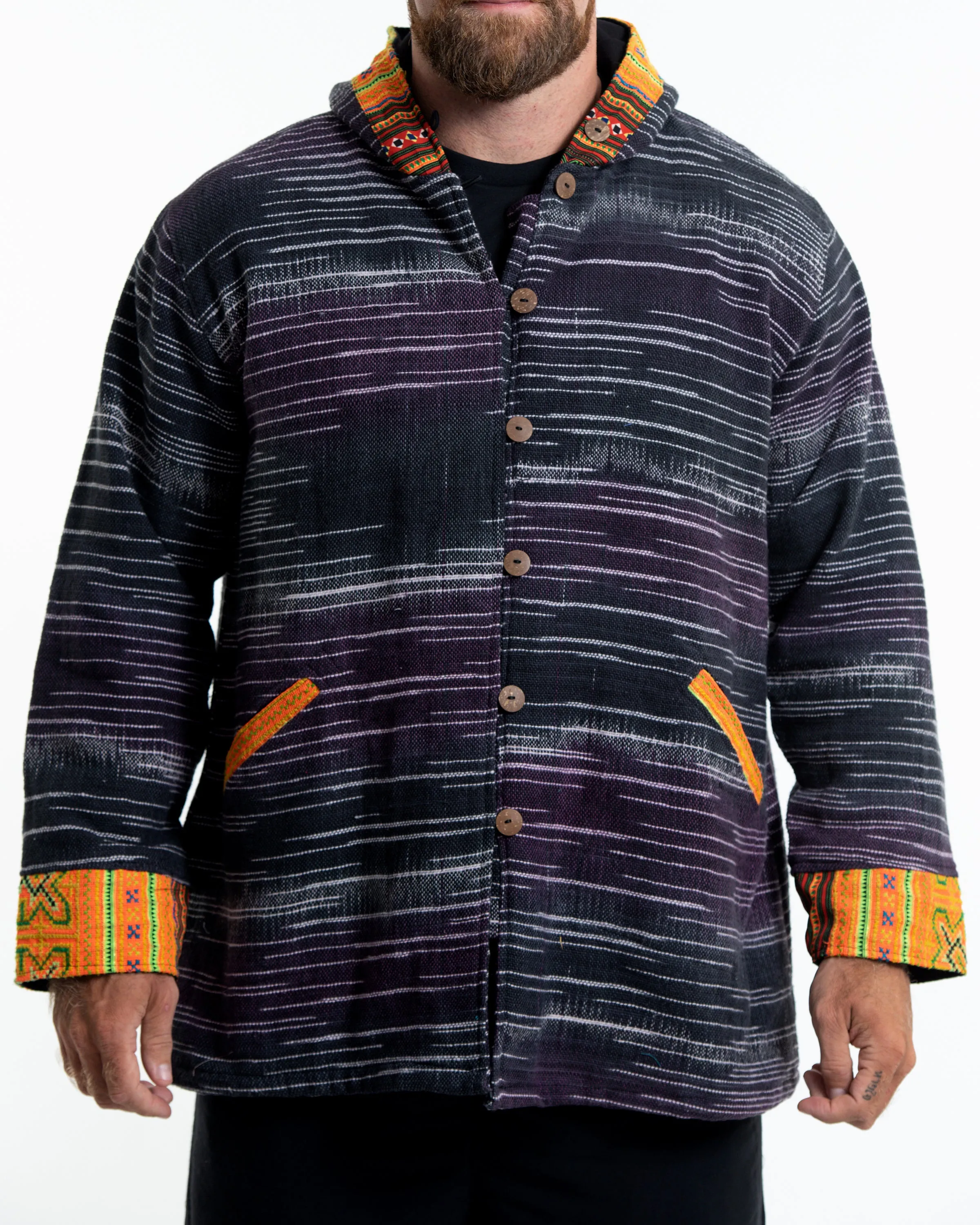 Unisex Oversized Light Hooded Button Hand-Woven Cotton Embroidered Jacket in Black